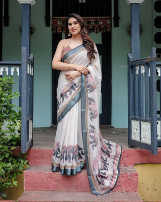 Myraani Printed Bollywood Cotton Linen, Art Silk Saree(Cream)