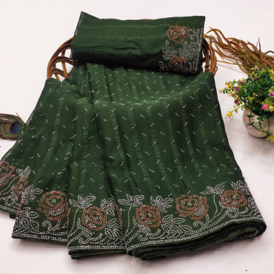 VASTRA KRANTI Embellished Banarasi Chiffon Saree(Dark Green)