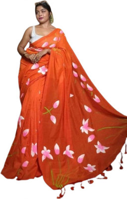 SOHAM SAREE GHAR Printed, Hand Painted Handloom Cotton Blend Saree(Orange)