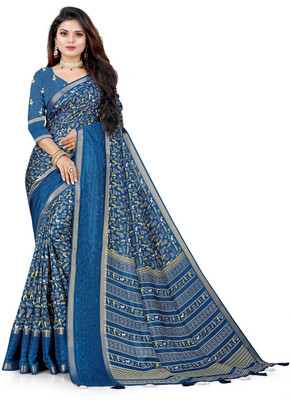 Pemal Printed Bollywood Silk Blend Saree(Dark Blue)
