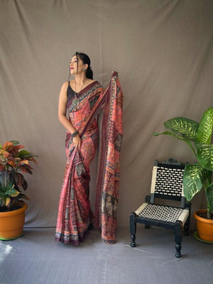 kriyafashion Digital Print Chanderi Cotton Linen Saree(Multicolor)
