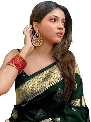 Pervas Woven, Self Design Kanjivaram Pure Silk, Cotton Silk Saree(Dark Green)