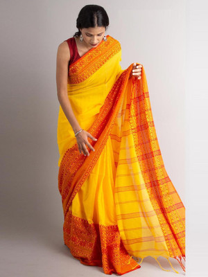 GOLU Self Design Handloom Pure Cotton Saree(Yellow, Red)