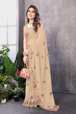 KB DESIGNER Embroidered, Floral Print, Embellished Bollywood Georgette Saree(Cream)
