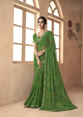 Divastri Floral Print, Geometric Print, Digital Print, Printed Bandhani Chiffon Saree(Green)
