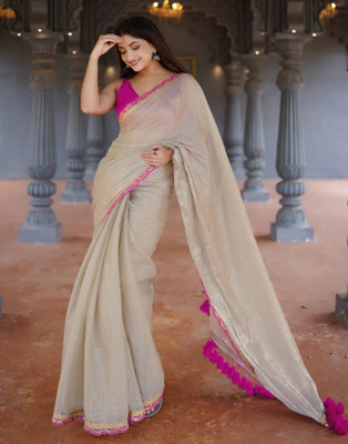 Samah Dyed, Embellished, Self Design Bollywood Net, Lace Saree(Beige)