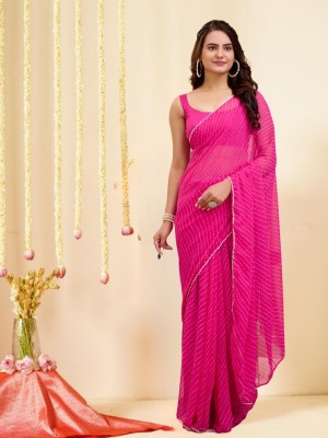 Magmina Striped Leheria Georgette Saree(Pink)