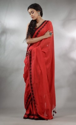 Handloom saree ghar Woven Handloom Pure Cotton Saree(Red)