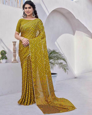 ROOP SUNDARI SAREES Printed, Striped, Embellished Leheria Chiffon Saree(Gold)