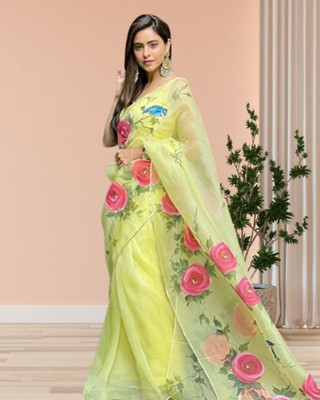 Jayu Embroidered Leheria Georgette Saree(Yellow)