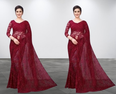 online bazaarr Self Design Bollywood Net Saree(Pack of 2, Maroon)