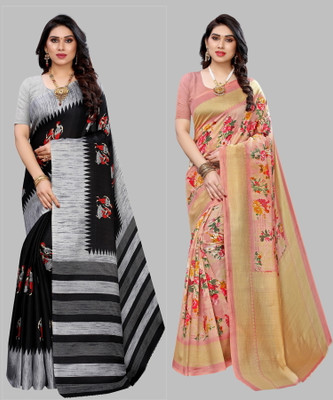 Nirvaan Printed, Self Design Mysore Art Silk Saree(Pack of 2, Black, Orange)