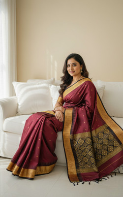 Afronza Temple Border, Self Design, Applique Sambalpuri Silk Blend, Pure Silk Saree(Maroon, Black)