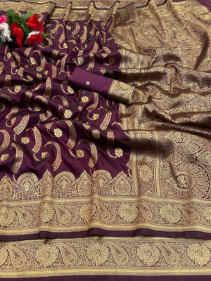 KanjiQueen Woven, Self Design Banarasi Silk Blend, Pure Silk Saree(Magenta)