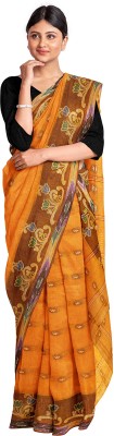 dreamy textiles hub Striped Tant Handloom Pure Cotton Saree(Orange)