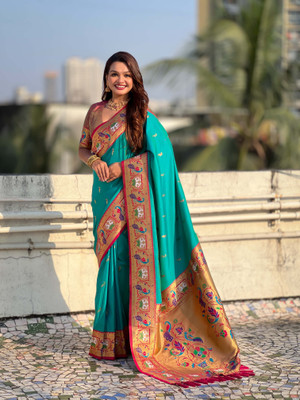 all about you Woven Paithani Silk Blend Saree(Light Blue)