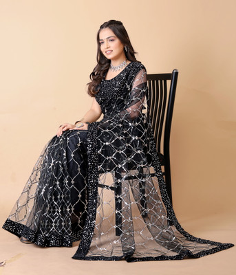 JAY RAMDEV FASHION Embroidered Bollywood Net Saree(Black)
