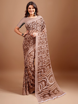 VIBHAGYAA Printed, Geometric Print Daily Wear Chiffon Saree(Brown, Beige)