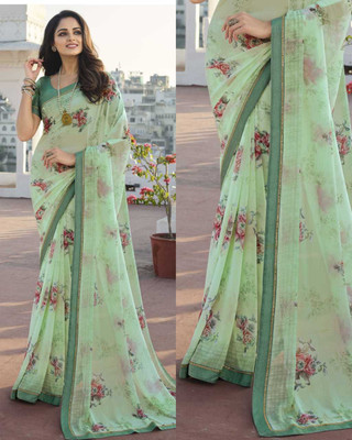 BLEESBURY Printed, Self Design, Graphic Print, Floral Print, Checkered, Solid/Plain Bollywood Georgette, Chiffon Saree(Light Green, Green)