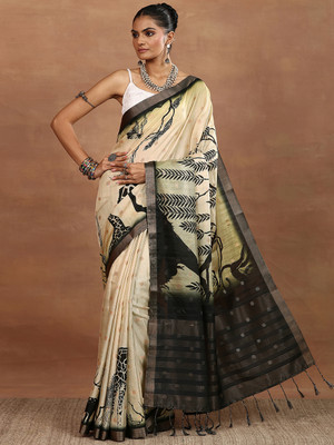 LIBAS Printed Daily Wear Silk Blend Saree(Beige)