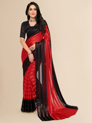 Moda Rapido Striped Daily Wear Satin Saree(Red)