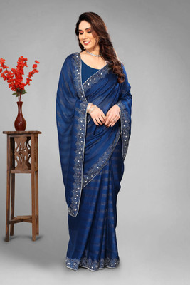 VEERAIVA Embroidered, Self Design Bollywood Chiffon Saree(Dark Blue)
