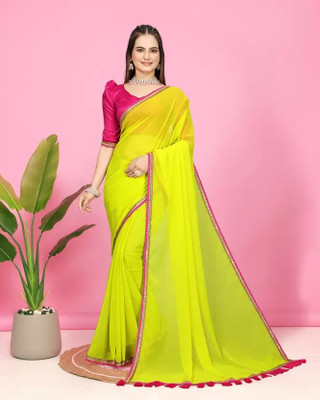 HouseOfCommon Solid/Plain Bollywood Georgette Saree(Light Green)