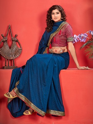 ANOUK Embroidered Bollywood Silk Blend Saree(Blue)