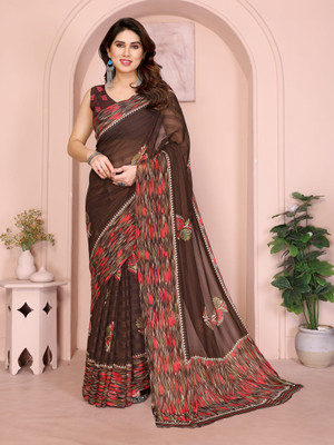 FABMORA Printed, Floral Print Daily Wear Chiffon, Georgette Saree(Brown)