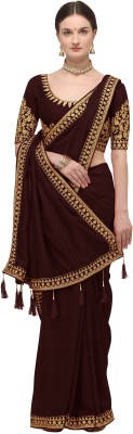 IRIS Embroidered Bollywood Pure Silk Saree(Brown)