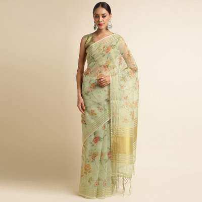 Divastri Printed Banarasi Linen Saree(Green)