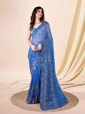 Trendmalls Embroidered Bollywood Georgette Saree(Light Blue)