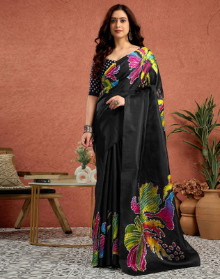 SIRIL Floral Print, Printed Daily Wear Khadi Saree(Black)