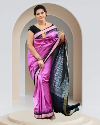 Afronza Solid/Plain, Temple Border, Dyed Sambalpuri Pure Silk, Art Silk Saree(Pink, Black)