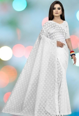 NEXA Self Design Bollywood Net Saree(White)