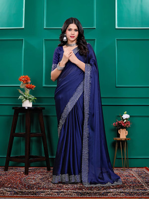 Pionex Solid/Plain Bollywood Pure Silk Saree(Dark Blue)