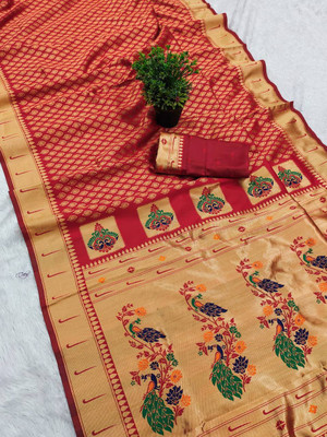 TARTAM Printed Banarasi Jacquard Saree(Red)