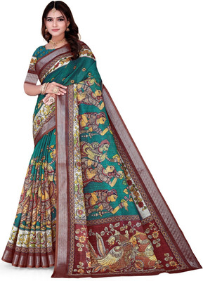 XHE Printed, Self Design, Floral Print, Embellished, Digital Print, Woven Handloom Linen Saree(Green)
