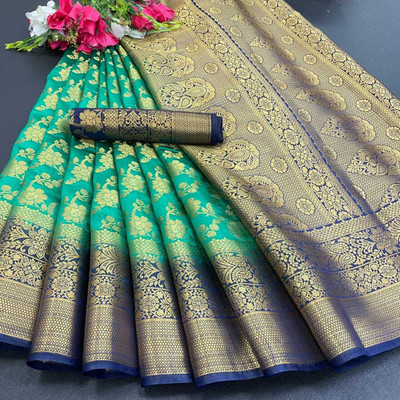 GLISIIS Temple Border Banarasi Nylon Saree(Light Green)