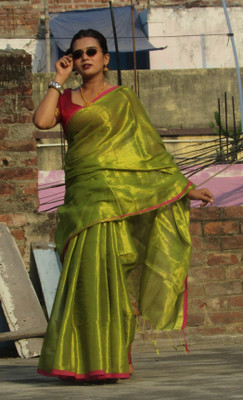 Shaw Creation Solid/Plain Handloom Handloom Tissue Saree(Green)