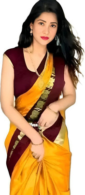 AAYATFABRICS Woven Banarasi Cotton Silk Saree(Yellow, Maroon)