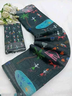 HICHIK Printed Bollywood Cotton Linen Saree(Pack of 2, Multicolor)