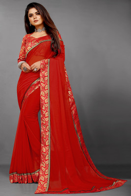 Flip The Style Floral Print, Solid/Plain Bollywood Georgette Saree(Red)