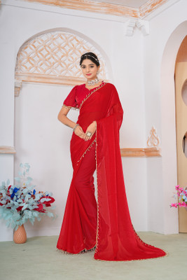 HouseOfCommon Embellished, Embroidered, Solid/Plain Bollywood Chiffon, Pure Silk Saree(Red)