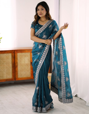 all about you Embroidered, Self Design Bollywood Chiffon Saree(Blue)