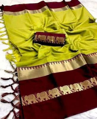 Vishal Creations Solid/Plain Assam Silk Cotton Silk Saree(Yellow, Brown)