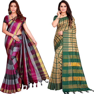 PRIYANSH CREATION Checkered Bollywood Cotton Silk Saree(Pack of 2, Multicolor)
