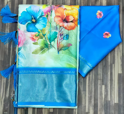 Marabout Digital Print Bollywood Cotton Silk Saree(Light Blue)