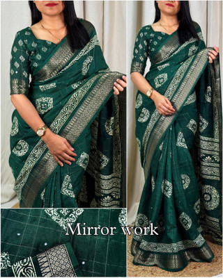 Dhanlaxmi CreationLLP Woven, Striped, Printed Assam Silk Handloom Muslin, Cotton Blend Saree(Dark Green)