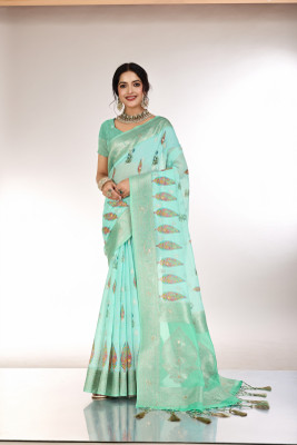 RekhaManiyar Printed Saree with Attached Blouse Cotton Blend Saree(Green)